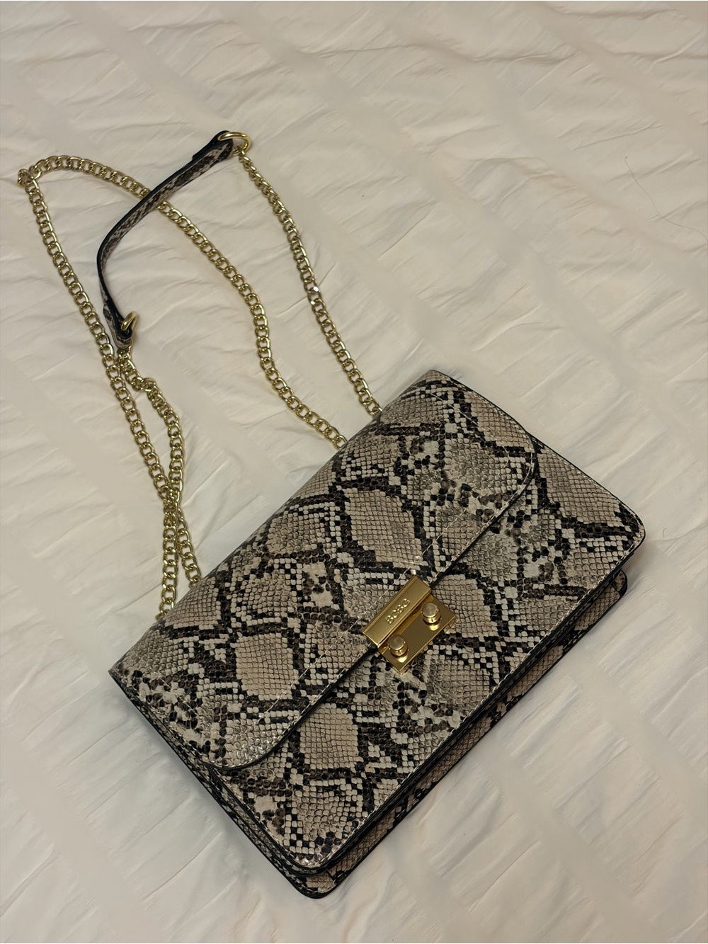 Snake-Print Chain Shoulder Bag in beige